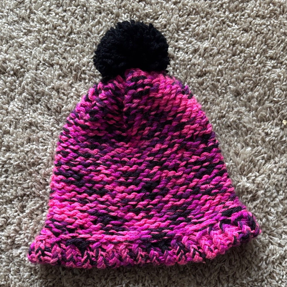 Pink and Black Knit Beanie with Pom-Pom